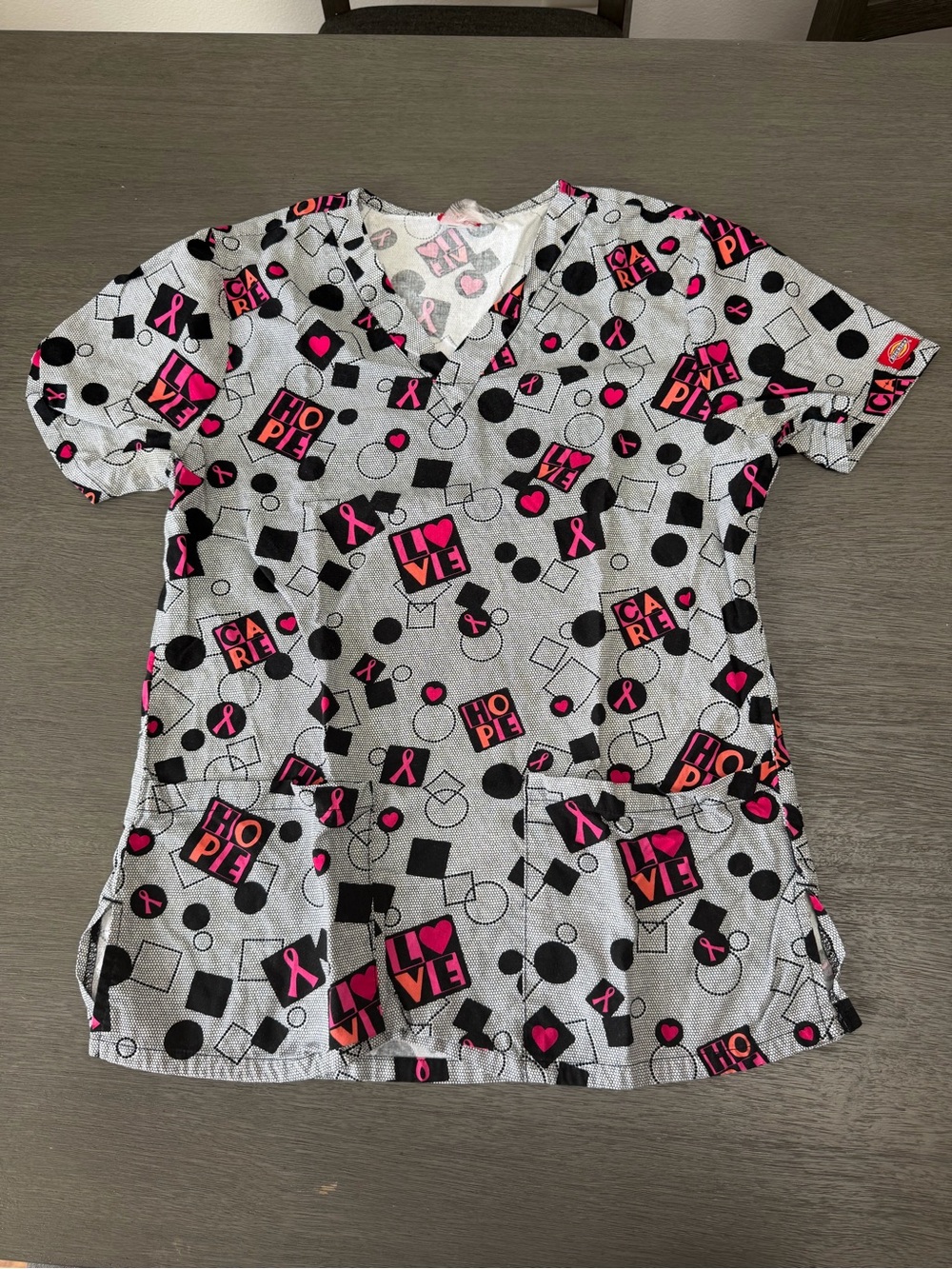 Dickies Gray Scrub Top with Black and Pink Hope Print